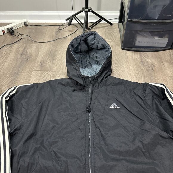 Vintage Adidas Black Gray Winter Hooded Oversized Quilted Jacket Mens Size XL - Picture 5 of 10